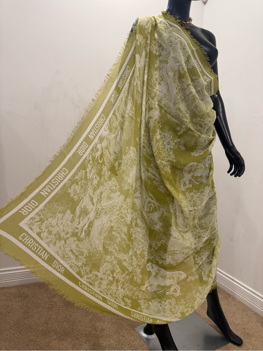 Dior Dioriviera Toile de Jouy Green Cotton Pareo Shawl Scarf 53”x53” NEW